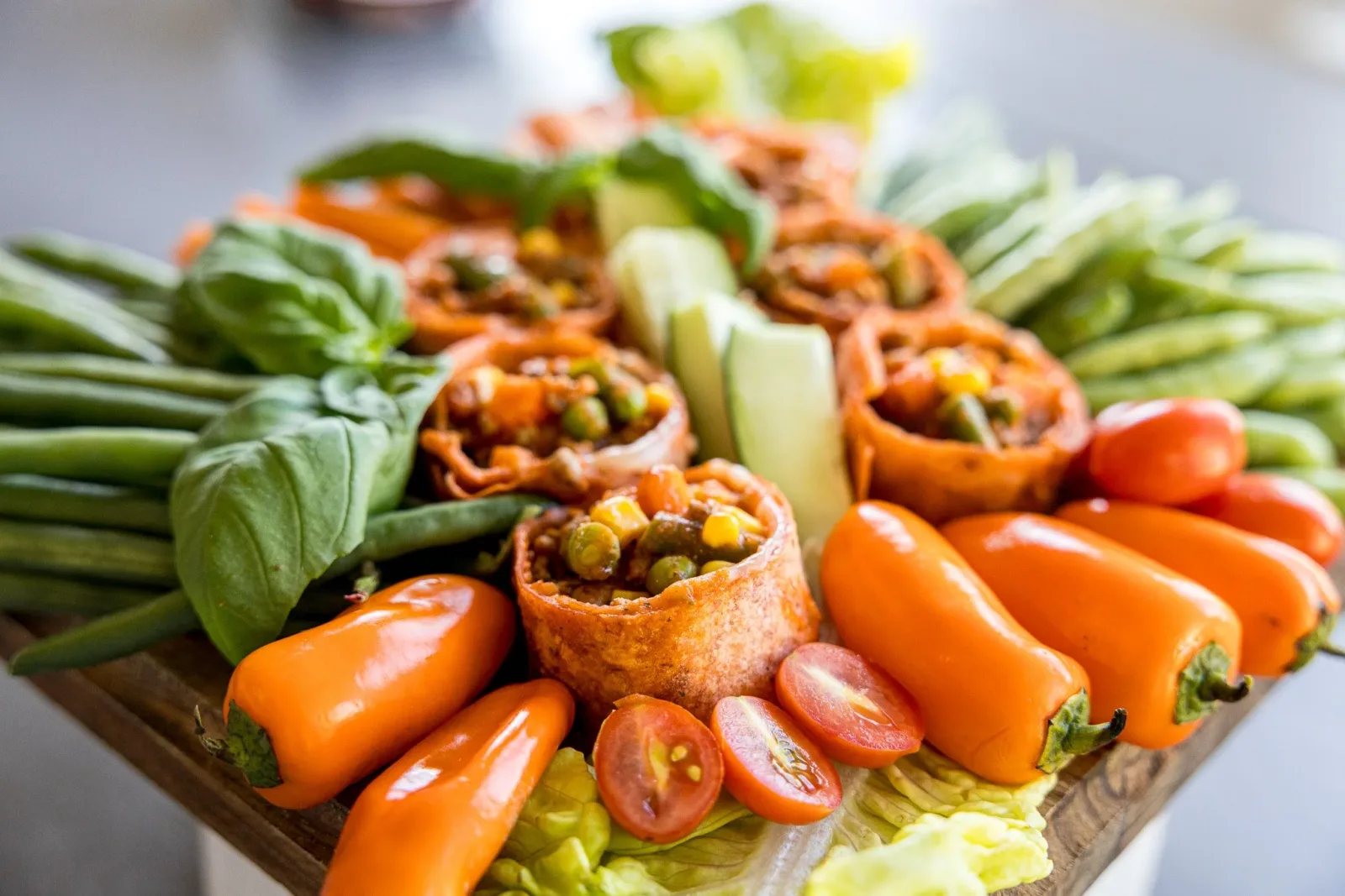 Colourful stuffed vegetable platter for a catering menu