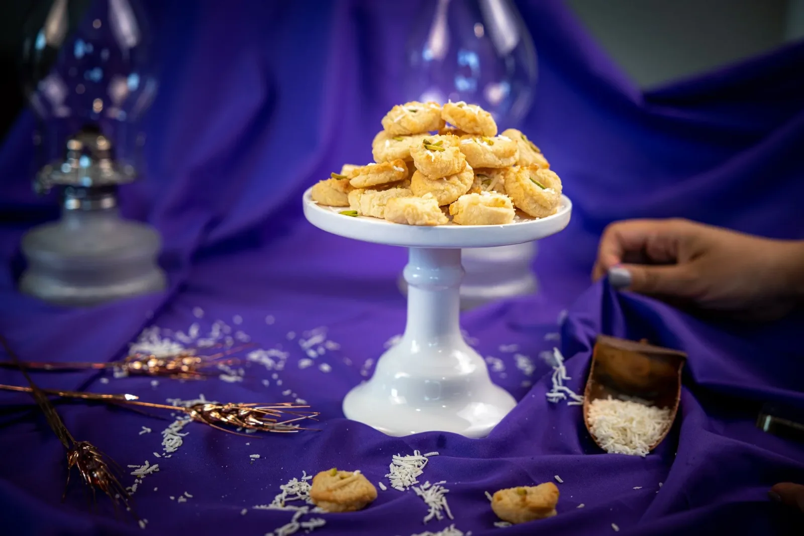 Pastries on a cake stand, styled for a bakery